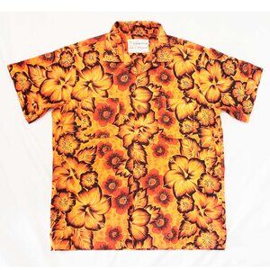 Vintage Duke Of Hollywood  Hawaiian Shirt 1960s Waikiki Aloha Hibiscus Orange L